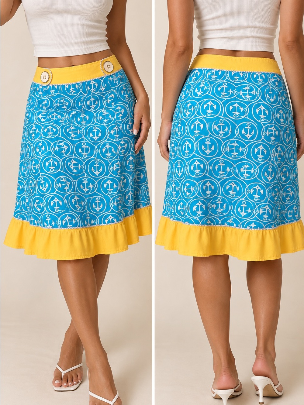 L.L. Bean Blue Yellow Nautical Anchor Print Cotton Ruffle Skirt Size 10